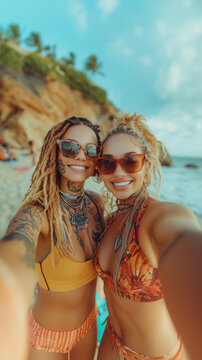 selfie of an LGBT lesbian couple with dreadlocks and cool costumes celebrating at a beach carnival festival in a tropical paradise with outdoor music