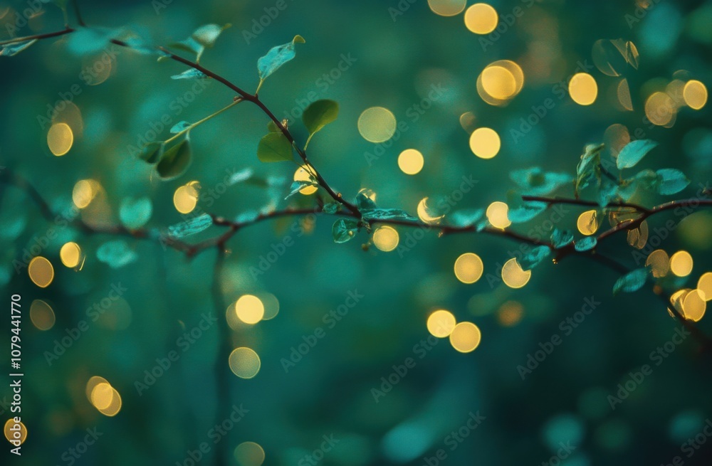 Poster delicate green branch with leaves bathed in a soft golden bokeh against an abstract turquoise backgr