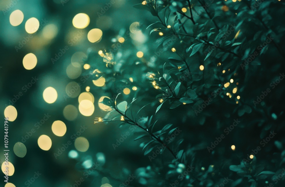 Poster a photograph of a lush green bush with delicate, glowing lights in the background, with a bokeh effe