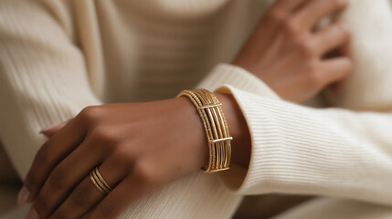 golden layers bracelet isolated on blurred gold background