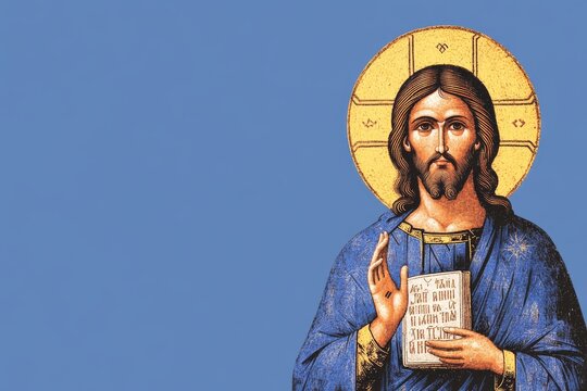 An image depicting Christ Pantocrator, the Supreme Being and Creator, holding a Bible and blessing with his hand raised.