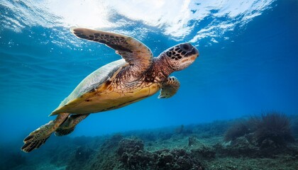 Obraz premium An endangered Sea Turtle cruises in the warm waters of the Ocean.