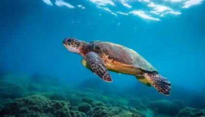 Obraz premium An endangered Sea Turtle cruises in the warm waters of the Ocean.