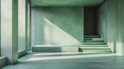 Obraz premium Minimalist 3d studio space with celadon green walls and floor empty product display podium situated under warm. Celadon. Illustration