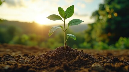 A small green plant grows from the soil at sunset.