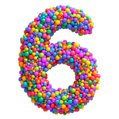 Number 6 made of bright multi-colored glossy balls. Digit six. Ideal for kid's zone, playroom decor, children’s design, festive themes. Rainbow mixed random spheres formed creative font. 3d rendering
