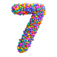 Number 7 made of bright multicolored glossy balls. Digit seven. Ideal for kid's zone, playroom decor, children’s design, festive themes. Rainbow mixed random spheres formed creative font. 3d rendering