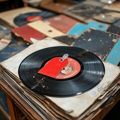 Close up on vintage vinyl record at discounted price with red tag offered for final sale lying on table at second hand shop