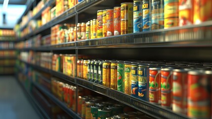 Rows of neatly stacked shelves displaying a variety of canned food in a grocery store, ultra-realistic and hyper-maximalist advertising photography, 8k fine detail