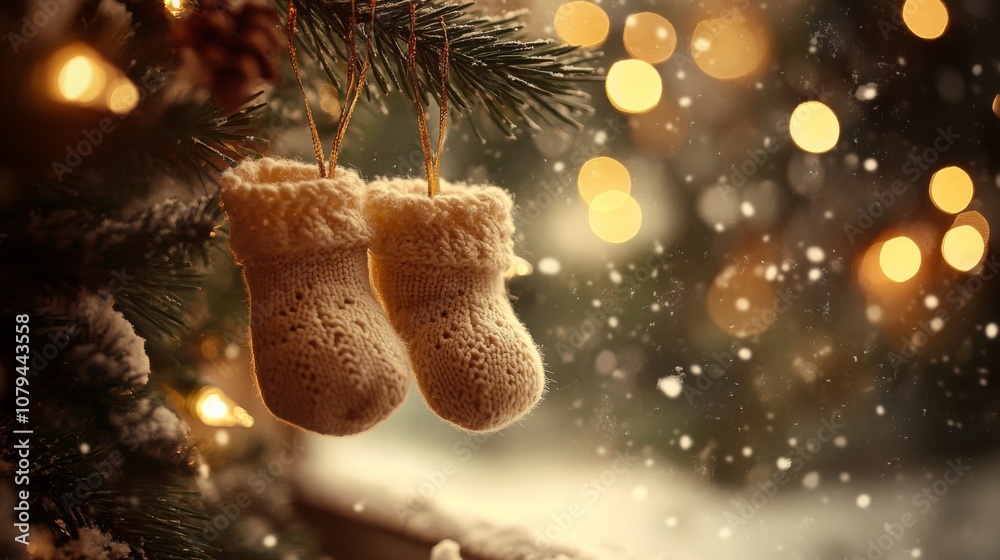 Poster a pair of white, knitted baby booties hang from a pine tree branch with a blurry background of soft 