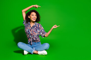 Full body photo of attractive young woman point empty space dressed stylish colorful clothes...