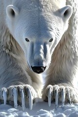 A close-up of a polar bear showcasing its powerful paws and striking features.