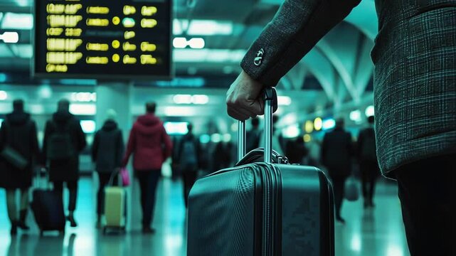 A traveler navigates a busy airport terminal, pulling a suitcase while various passengers move around, highlighting the hustle and bustle of modern air travel - Powered by Adobe