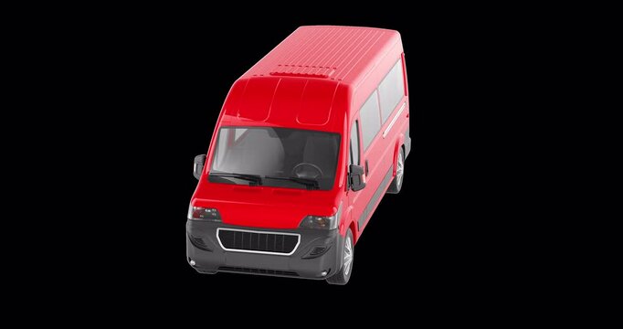 Red minibus, microbus animation, seamlessly loopable. 3D rendering isolated on transparent background