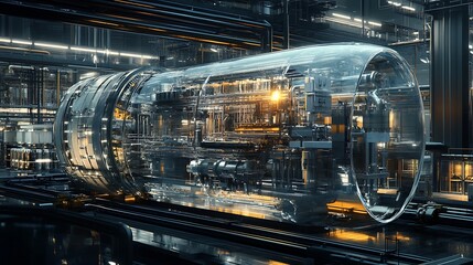 Obraz premium A futuristic transparent structure showcasing intricate machinery and glowing elements, likely for advanced technology.