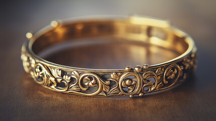 gold bracelet isolated on wooden blurred background