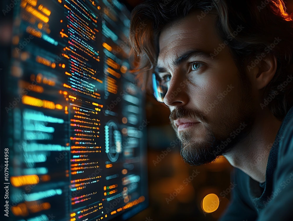 Poster a focused individual gazes at a screen filled with code and data.