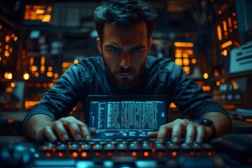 A focused individual working on a laptop in a dimly lit, tech-filled environment.