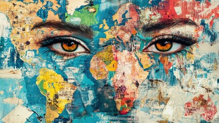 A close-up of a woman's eyes with a world map made of colorful paper and paint.