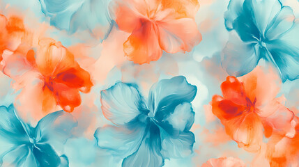Seamless pattern with abstract blue and orange flowers. floral allover watercolor background. Celadon. Illustration
