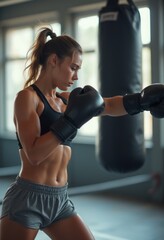 Fototapeta premium A focused female boxer is training in a gym, wearing black boxing gloves and a sports bra, showcasing her toned physique. The image captures her in mid-punch, emphasizing strength and determination