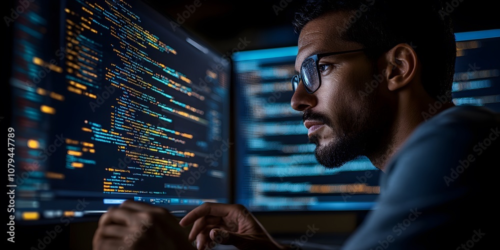 Poster a focused individual coding on multiple screens, immersed in technology and problem-solving.