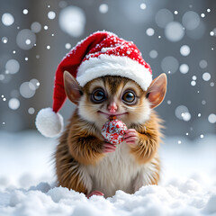 Adorable winter creature wearing a santa hat enjoying a treat in a snowy wonderland, digital illustration of fantasy concept.