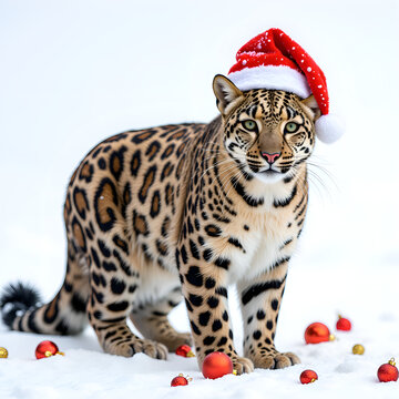 A cheerful leopard in a santa hat surrounded by christmas ornaments in the snow, photography of holiday themed concept.