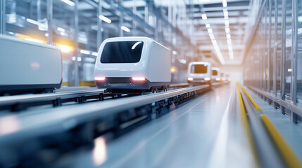 Fototapeta premium Self Driving Delivery Trucks in Modern Automated Warehouse