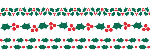 holly berry border set, Christmas horizontal decorative design elements, vector dividers © Liena