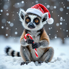 Obraz premium Adorable lemur in a santa hat holding a candy cane in a snowy winter wonderland, photography of animal portraiture concept.