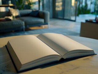 An open book on a table in a modern, serene living space.