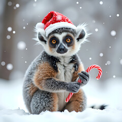 Obraz premium A charming lemur wearing a santa hat with a candy cane in a snowy winter wonderland, photography of animal portrait concept.