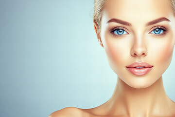 Obraz premium Radiant Young Woman with Flawless Skin Showcasing Natural Beauty, Skincare Elegance, and a Soft Glow for Modern Wellness and Lifestyle Inspiration
