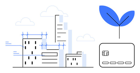 Buildings under construction with scaffolding, a leaf sprout, and a credit card. Ideal for eco-friendly finance, green construction, sustainable living, urban planning, innovation, renewable