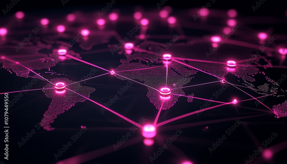 Poster 3d rendering of advanced node system software, pink node buttons connected on dark background with w