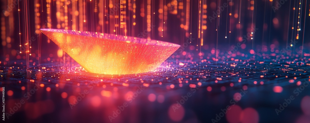 Poster 3d rendering of big data analysis, glowing digital funnel surrounded by programming code, data indic