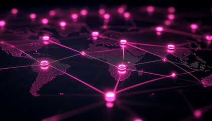 3D rendering of advanced node system software, pink node buttons connected on dark background with world map contour and glowing light spots, network concept