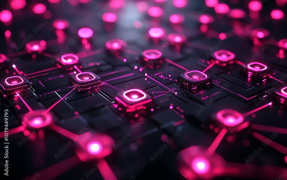Poster 3d rendering of node system software, pink node buttons on dark tech interface with glowing light sp