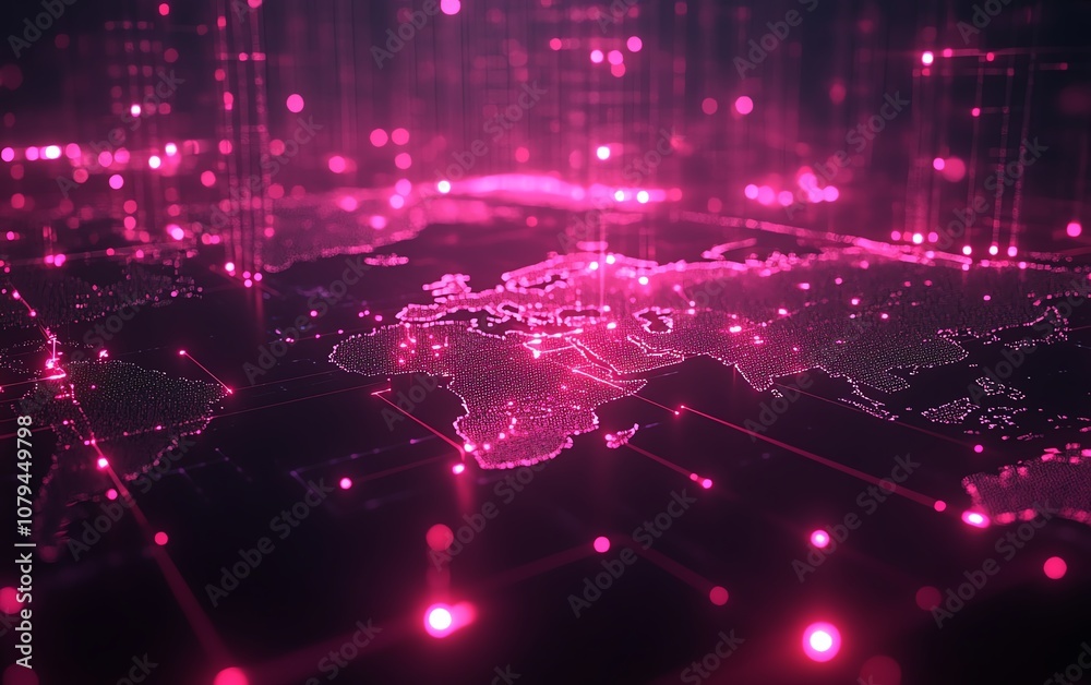 Poster 3d rendering of node system software, pink node buttons on dark tech interface with glowing light sp