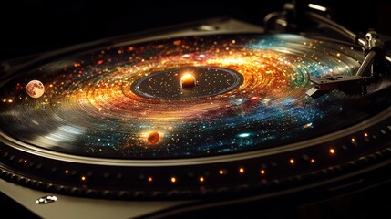 A close-up of a record player with a galaxy swirling on the record.