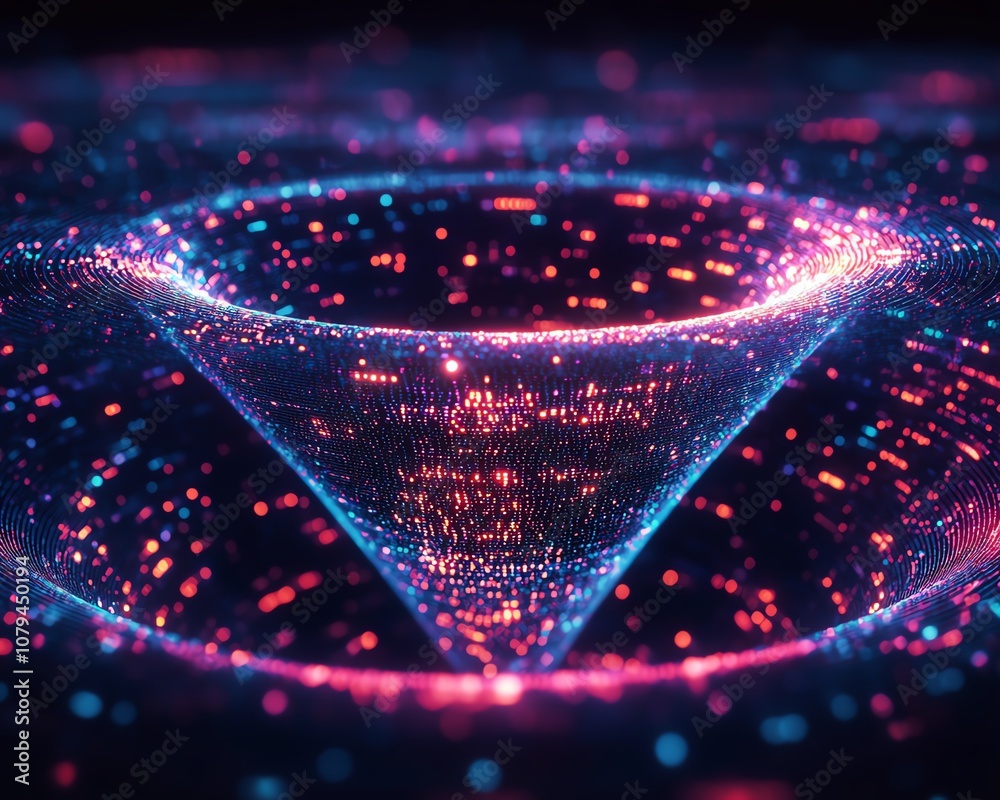 Poster business intelligence and big data concept, 3d digital glowing funnel with flowing data indicators, 