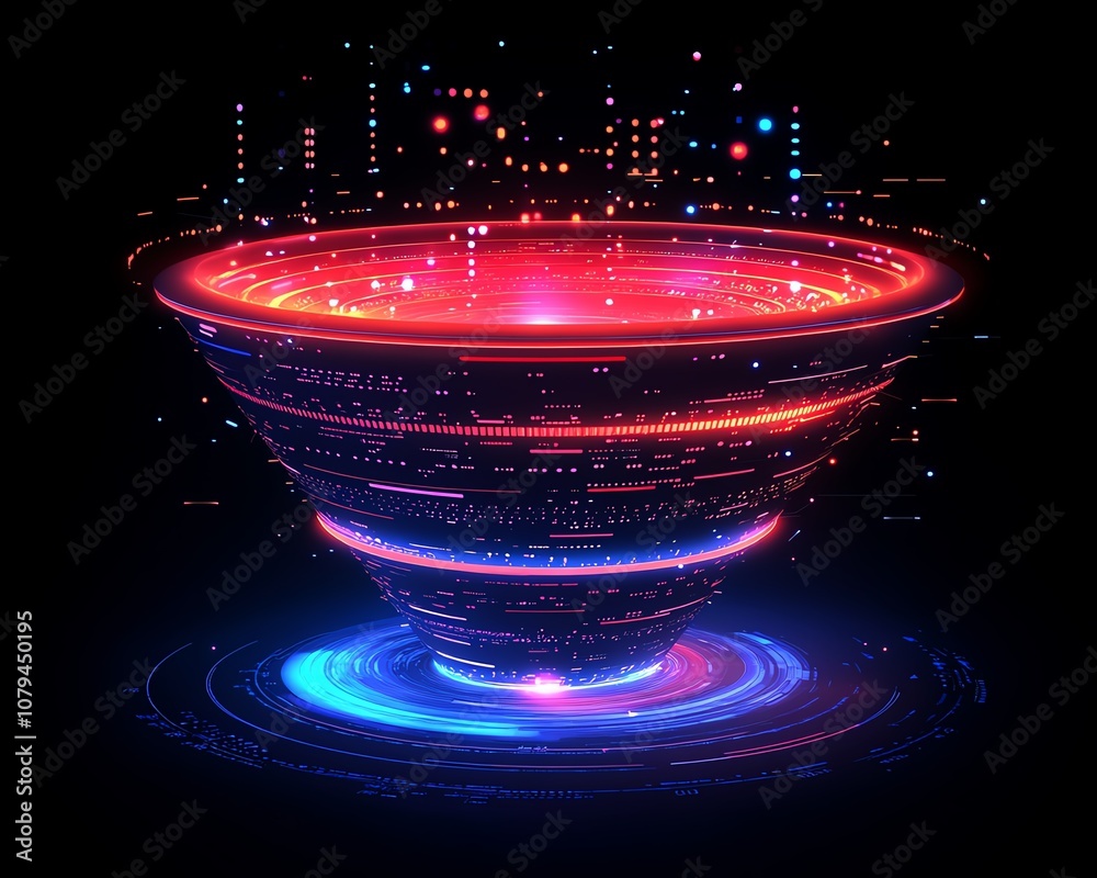 Poster business intelligence and big data concept, 3d digital glowing funnel with flowing data indicators, 