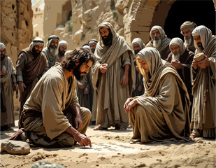 Gospel Images from the Bible NT - Jesus writes in the sand concerning stoning of adulterous Woman