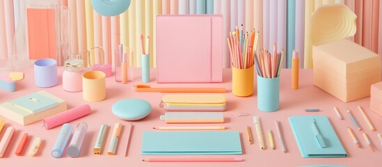 Collection of school essentials in a pastel color scheme, spread across a desk,