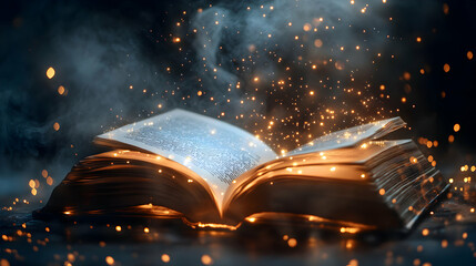 Obraz premium Enchanted Book: Illuminated Pages Radiate Magical Light and Mystical Dust, Evoking Fantasy and Wonder.