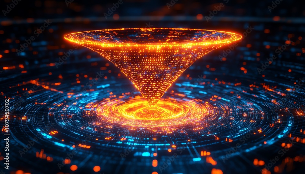 Poster datadriven business analysis, 3d glowing funnel surrounded by programming code and data indicators o