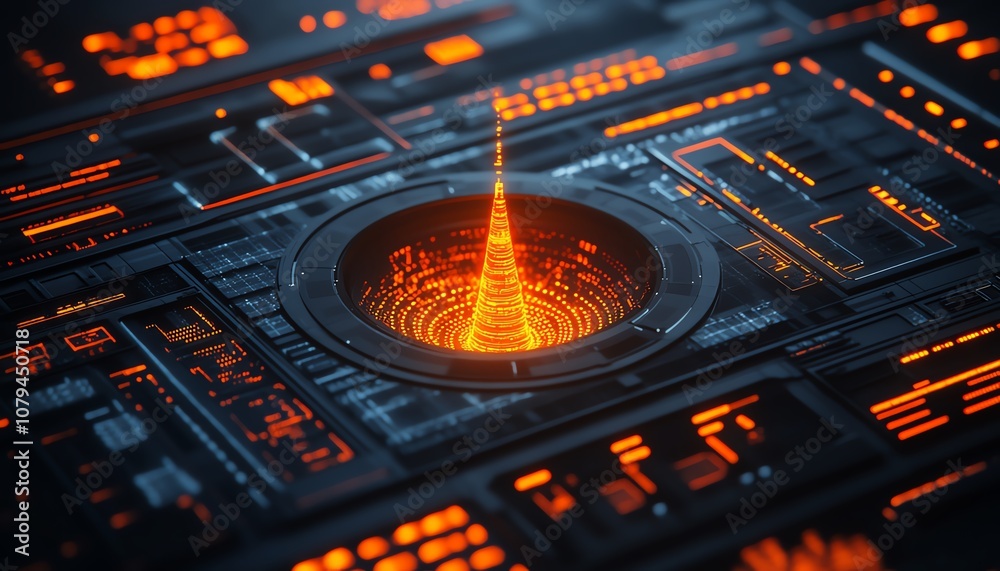 Poster datadriven business analysis, 3d glowing funnel surrounded by programming code and data indicators o