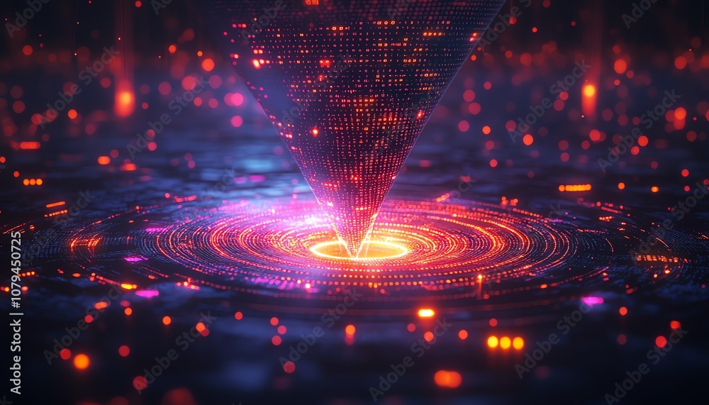 Poster datadriven business analysis, 3d glowing funnel surrounded by programming code and data indicators o