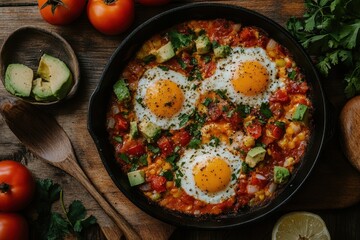 Scrambled eggs with avocado and tomatoes. Perfect for a delicious and healthy breakfast.
